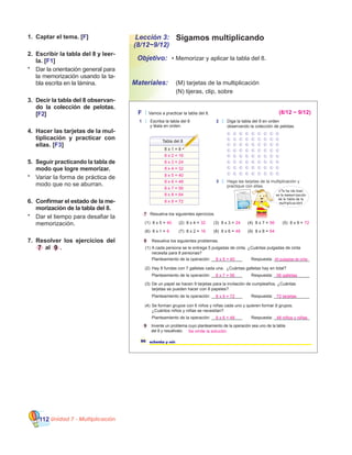 Unidad 7 - Multiplicación112
Sigamos multiplicando
•	Memorizar y aplicar la tabla del 8.
	 (M) tarjetas de la multiplicación
	 (N) tijeras, clip, sobre
Objetivo:
Materiales:
1.	 Captar el tema. [F]
2.	 Escribir la tabla del 8 y leer-
la. [F1]
*	 Dar la orientación general para
la memorización usando la ta-
bla escrita en la lámina.
3.	 Decir la tabla del 8 observan-
do la colección de pelotas.
[F2]
4.	 Hacer las tarjetas de la mul-
tiplicación y practicar con
ellas. [F3]
5.	 Seguir practicando la tabla de
modo que logre memorizar.
*	 Variar la forma de práctica de
modo que no se aburran.
6.	 Confirmar el estado de la me-
morización de la tabla del 8.
*	 Dar el tiempo para desafiar la
memorización.
7.	 Resolver los ejercicios del
7 al 9 .
Lección 3:
(8/12~9/12)
F Vamos a practicar la tabla del 8.
Tabla del 8
8 x 1 = 8
1 Escriba la tabla del 8
y léala en orden.
2 Diga la tabla del 8 en orden
observando la colección de pelotas.
86 ochenta y seis
3 Haga las tarjetas de la multiplicación y
practique con ellas.
7 Resuelva los siguientes ejercicios.
8 Resuelva los siguientes problemas.
(1) 8 x 5 = (2) 8 x 4 = (3) 8 x 3 = (4) 8 x 7 =
(6) 8 x 1 = (7) 8 x 2 = (8) 8 x 6 = (9) 8 x 8 =
(5) 8 x 9 =
A cada persona se le entrega 5 pulgadas de cinta. ¿Cuántas pulgadas de cinta
necesita para 8 personas?
Planteamiento de la operación: _____________
Hay 8 fundas con 7 galletas cada una. ¿Cuántas galletas hay en total?
De un papel se hacen 9 tarjetas para la invitación de cumpleaños. ¿Cuántas
tarjetas se pueden hacer con 8 papeles?
Se forman grupos con 6 niños y niñas cada uno y quieren formar 8 grupos.
¿Cuántos niños y niñas se necesitan?
9 Invente un problema cuyo planteamiento de la operación sea uno de la tabla
del 8 y resuélvalo.
Respuesta: _______________
Planteamiento de la operación: _____________ Respuesta: _______________
Planteamiento de la operación: _____________ Respuesta: _______________
Planteamiento de la operación: _____________ Respuesta: _______________
(1)
(2)
(3)
(4)
¿Te ha ido bien
en la memorización
de la tabla de la
multiplicación?
40 32 24 56
8 16 48 64
72
8 x 2 = 16
8 x 3 = 24
8 x 4 = 32
8 x 5 = 40
8 x 6 = 48
8 x 7 = 56
8 x 8 = 64
8 x 9 = 72
(8/12 ~ 9/12)
8 x 5 = 40 40 pulgadas de cinta
8 x 7 = 56 56 galletas
8 x 9 = 72 72 tarjetas
8 x 6 = 48 48 niños y niñas
Se omite la solución
 
