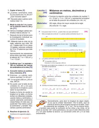 Unidad 8 - Longitud130
Lección 1:
(5/6)
•	Conocer la relación entre las unidades de medida “1
m = 10 dm” y “1 m = 100 cm” y representar la longitud
en la tabla de posición de unidades (cm, dm, m).
	 (M) regla, dibujo de mayor escala de la regla
	 (N) cinta de 1 m, regla
Objetivo:
Materiales:
1.	 Captar el tema. [F]
M:	¿Cuántos centímetros medi-
rá una pizarra de 3 m 40 cm?
¿Qué necesita saber?
RP: Necesita saber cuántos centí-
metros mide 1 m.
2.	 Medir la cinta de 1 m y cono-
cer la relación entre m, dm y
cm. [F1]
M:	Vamos a investigar cuántos cen-
tímetros mide la cinta de 1 m.
*	 Después de dar el tiempo para
la investigación individual, es-
cuchar el resultado.
RP: Midiendo toda la cinta con la
regla, sabemos que mide 100
cm. 1 tarjeta mide 10 cm y tiene
10 tarjetas, entonces contando
de 10 en 10 sabemos que mide
100 cm.
*	 Aprovechando las expresiones
de los niños y las niñas, concluir
la relación de “1 m = 100 cm” y
“1 m = 10 dm”.
3.	 Confirmar que 1 m equivale a
100 cm haciendo las marcas
de centímetros en la cinta. [F2]
4,	 Convertir metros en centíme-
tros y viceversa. [F3]
M:	Entonces, ¿a cuántos centí-
metros equivale 3 m 40 cm?
RP: 3 m es igual a 300 cm, y 40 cm
más. 340 cm.
M:	Se puede usar la tabla de las
unidades (m, dm y cm) para
representar la longitud y para
saber la equivalencia.
*	 Explicar la forma de escribir la
longitud en la tabla y la forma
de leer con diferentes unidades,
usando metros y centímetros, o
usando solamente centímetros
(véase Notas). En este caso, se
puede leer “tres metros cuaren-
ta centímetros” y también “tres-
cientos cuarenta centímetros”.
5.	 Resolver el ejercicio 5 .
	 Continúa en la siguiente página…
Generalmente, para decir la longitud de algún objeto,
no se usa la unidad “decímetro”. Por lo tanto, aquí se
orienta la lectura de la longitud escrita en la tabla, usan-
do solamente las unidades “m” y “cm”. Por la misma razón,
y también para evitar la confusión de los niños y las niñas, en la
tabla se escribe “dm” entre paréntesis y se usa el color diferente entre
m y cm para facilitar la lectura. La conversión entre dm y m se trata
brevemente.
Midamos en metros, decímetros y
centímetros
102 ciento dos
F Una pizarra mide 3 m 40 cm. ¿Cuánto mide si se usan centímetros?
1 Mida una tarjeta de la cinta de 1 m y piense cuántos centímetros hay en 1 m.
1 m equivale a 10 tarjetas de 10 cm (1 dm). 1 m = 10 dm
1 m = 100 cm
cm
cm
2 Haga las marcas de centímetros en la cinta de 1m y confirme si hay 100 cm.
3 ¿A cuántos centímetros equivale 3 m 40 cm?
3 m equivale a 300 cm.
Entonces 3 m 40 cm equivale a 340 cm.
Se puede usar la tabla de las unidades (m, dm y cm) para representar la longitud y
para saber la equivalencia.
3 m 40 cm
metros (decímetros) centímetros
Representa que es 340cm
Se parece a la
tabla de valores.
5 Escriba en la línea el número que corresponde.
(1) 1 m = ________dm (2) 1 m = ________cm (3) 4 m = ________dm
(4) 3 m = ________cm (5) 50 dm = ________m (6) 700 cm = ________m
Representa que es 2 m 5 cm
205 cm
1 m equivale a 100 cm.
3 4 0
2 0 5
10
300
100
5
40
7
(5/6)
 