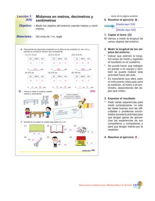 Guía para maestros/as- Matemática 20
Grado 131
[Hasta aquí 5/6]
[Desde aquí 6/6]
Lección 1:
(6/6)
Objetivo:
Materiales:
•	Medir los objetos del entorno usando metros y centí-
metros.
	 (N) cinta de 1 m, regla
	 … viene de la página anterior
6.	 Resolver el ejercicio 6 .
1.	 Captar el tema. [G]
M:	Vamos a medir la longitud de
varios objetos del entorno.
2.	 Medir la longitud de los ob-
jetos del entorno.
*	 Indicar que estimen la longi-
tud antes de medir y registren
el resultado en el cuaderno.
*	 Se puede hacer que trabajen
en pareja o en equipo y tam-
bién se puede realizar esta
actividad fuera del aula.
*	 Es importante que ellos usen
el instrumento adecuado para
la medición, el metro o el cen-
tímetro, dependiendo del ob-
jeto que miden.
3.	 Expresar el resultado.
*	 Pedir varias experiencias para
medir correctamente, no sólo
las ideas buenas sino las difi-
cultades o problemas encon-
trados durante la actividad para
que tengan ganas de aprove-
char las experiencias de sus
compañeros y compañeras y
para que tengan interés por la
medición.
4.	 Resolver el ejercicio 7 .
Midamos en metros, decímetros y
centímetros
= ___________cm = ___________cm = ___________cm
Objetos
Longitud
1. El largo de la pizarra
2. El ancho del pupitre
3 m 48 cm
50 cm
103ciento tres
6 Represente las siguientes longitudes en la tabla de las unidades (m, dm, cm) y
escriba en la línea el número que corresponde.
(1) 2 m 15 cm (2) 9 m 30 cm (3) 6 m 8 cm
(4) 472 cm (5) 510 cm (6) 703 cm
= m cm = m cm = m cm
G Vamos a medir la longitud usando
metros y centímetros. Estima la longitud
antes de medir y registra
el resultado en tu cuaderno.
7 Escriba en el cuadro la unidad adecuada (cm o m).
(1) (2) (3)
(4) (5) (6)
3
15
3
8
50
27
2 1
215 930 608
5 9 3 0 6 0 8
4 7 2 5 1 0 7 0 3
cm
cm
cm
m
m
m
(6/6)
4 72 5 10 7 3
 