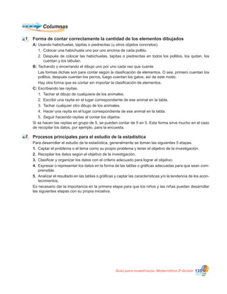 Guía para maestros/as- Matemática 20
Grado 135
Forma de contar correctamente la cantidad de los elementos dibujados
A:	Usando habichuelas, tapitas o piedrecitas (u otros objetos concretos).
1.	 Colocar una habichuela uno por uno encima de cada pollito.
2.	 Después de colocar las habichuelas, tapitas o piedrecitas en todos los pollitos, los quitan, los
cuentan y los tabulan.
B:	Tachando o encerrando el dibujo uno por uno cada vez que cuente
Las formas dichas son para contar según la clasificación de elementos. O sea, primero cuentan los
pollitos, después cuentan los perros, luego cuentan los gatos, así de este modo.
Hay otra forma que es contar sin importar la clasificación de elementos.
C: Escribiendo las rayitas.
1.	 Tachar el dibujo de cualquiera de los animales.
2.	 Escribir una rayita en el lugar correspondiente de ese animal en la tabla.
3.	 Tachar cualquier otro dibujo de los animales.
4.	 Hacer una rayita en el lugar correspondiente de ese animal en la tabla.
5.	 Seguir haciendo rayitas al contar los objetos.
Si se hacen las rayitas en grupo de 5, se pueden contar de 5 en 5. Esta forma sirve mucho en el caso
de recopilar los datos, por ejemplo, para la encuesta.
Procesos principales para el estudio de la estadística
Para desarrollar el estudio de la estadística, generalmente se toman las siguientes 5 etapas.
1.	 Captar el problema o el tema como su propio problema y tener el objetivo de la investigación.
2.	 Recopilar los datos según el objetivo de la investigación.
3.	 Clasificar y organizar los datos con el criterio adecuado para lograr el objetivo.
4.	 Expresar o representar los datos en la forma de las tablas o gráficas adecuadas para que sean com-
prensible.
5.	 Analizar el resultado en las tablas o gráficas y captar las características y/o la tendencia de los acon-
tecimientos.
Es necesario dar la importancia en la primera etapa para que los niños y las niñas puedan desarrollar
las siguientes etapas con su propia iniciativa.
Columnas
1
2
 