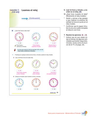 Guía para maestros/as - Matemática 20
Grado 145
Leamos el relojLección 1:
(1/2~2/2)
[Continuación]
6.	 Leer la hora y minuto, y es-
cribir en el reloj. [B]
M:	¿Qué hora muestra el reloj?
(Mostrando el reloj modelo)
*	 Asistir y animar a las parejas
a que realicen la práctica de
señalar la hora en punto en el
reloj modelo.
*	 Confirmar que la aguja minu-
tero le da una vuelta completa
al reloj en una hora.
7.	 Resolver los ejercicios 3 y 4 .
*	 Indicar que en sus casas mi-
dan el tiempo de algunas acti-
vidades que tarden segundos,
minutos, horas como el anun-
cio de la TV, el juego, etc.
111ciento once
B ¿Qué hora marca cada reloj?
1 Practique en pareja la lectura de la hora y minutos usando el reloj modelo.
4 Dibuja el minutero para mostrar la hora y minutos.
3 Lea y escriba la hora de cada reloj.
:3 25
:4 00 :12 00 :11 55
Tres horas y
veinticinco minutos.
La hora que marca el reloj se escribe 3:25 y se lee
«tres horas veinticinco minutos».
:5 40 :9 20
Cinco horas y
cuarenta minutos.
Nueve horas y
veinte minutos.
:3 35 :6 05 :1 50
Tres horas y treinta
y cinco minutos.
Seis horas y
cinco minutos.
Una hora y
cincuenta minutos.
 