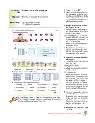 Guía para maestros/as - Matemática 20
Grado 7
Conozcamos la centena
•	Aprender el concepto de la centena.
Lección 1:
(2/2)
Objetivo:
Materiales: 	 (M) habichuelas, azulejos	 	 	 	 	
(N) habichuelas, azulejos
1.	 Captar el tema. [B]
	Observando el dibujo que cap-
ten que van a contar las habi-
chuelas haciendo grupos. Cada
niño o niña debe tener más de
100 granos de habichuela u
otro material disponible.
2.	 Contar 100 objetos hacien-
do grupos de 10.
M:	Vamos a contar 100 habichue-
las. ¿Cómo sería mejor para
contar? ¿Por qué?
RP: Haciendo grupos de 10. Por-
que es más fácil de ver y se
puede repetir el conteo de 10
en 10 rápidamente.
*	 Conducir que cuenten hacien-
do grupos de 10.
*	 Puede hacer que trabajen en
equipo. Puede hacer que cuen-
ten no solo las habichuelas
sino también otros objetos.
3.	 Aprender el concepto de las
centenas.
M:	¿Cuántos grupos de 10 formó
para ser 100?
RP: 10 grupos de 10.
M:	¿Cuántas decenas equivalen
a 100 unidades?
RP: 10 decenas.
*	 Pegar en la pizarra 10 dece-
nas de una representación
de azulejos y confirmar que
equivalen a 100 unidades.
*	 Introducir el término “la centena”
presentando un azulejo de una
centena y demostrando que su
tamaño es igual a 10 decenas.
4.	 Confirmar la relación entre las
unidades, decenas y centenas.
*	 Preguntar sobre las relaciones
entre las tres, por ejemplo,
¿Cuántas decenas hay en 1
centena? ¿Cuántas decenas
hay en 100 unidades? etc.
5.	 Resolver los ejercicios del
2 al 4 .
3tres
B Cuente 100 objetos formando grupos.
2 Escriba en la línea los números que corresponden.
Juan formó 10 grupos de 10 y forman 100 unidades.
Cada flor tiene ______ pétalos y hay ______ flores. Hay ______ pétalos en total.
3 Encierre objetos que representan 1 centena.
4 Escriba en cada línea el número que corresponde.
A B C D E F G
10 decenas es igual a
100 unidades.
100 unidades forman una
1 centena.
10 decenas
(1) 1 centena = ________ decenas (2) 100 unidades = ________ decenas
(3) 100 unidades = ________ centena (4) 10 decenas = ________ centena
(5) 10 decenas = ________ unidades (6) 1 centena = ________ unidades
100 unidades
1 centena
=
10
10 10
100 100
1 1
10 100
(2/2)
Puede usar varias formas para llegar a la centena. Aquí
en esta guía hemos priorizado el sistema de numera-
ción decimal (agrupando de 10 en 10).
 