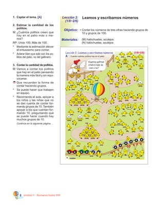 Unidad 1 - Números hasta 9998
1.	 Captar el tema. [A]
2.	 Estimar la cantidad de los
pollitos.
M:	¿Cuántos pollitos creen que
hay en el patio más o me-
nos?
RP: Unos 100. Más de 100.
*	 Mediante la estimación elevar
el entusiasmo para contar.
*	 Aclarar bien que solo son los po-
llitos del patio, no del gallinero.
3.	 Contar la cantidad de pollitos.
M:	Vamos a contar los pollitos
que hay en el patio pensando
la manera más fácil y sin equi-
vocarse.
	Que recuerden la forma de
contar haciendo grupos.
*	 Se puede hacer que trabajen
en equipo.
*	 Recorriendo el aula, apoyar a
los niños y las niñas que no
se dan cuenta de contar for-
mando grupos de 10. También
apoyar a los que cuentan for-
mando 10, preguntando qué
se puede hacer cuando hay
muchos grupos de 10.
	 Continúa en la siguiente página…
Leamos y escribamos números
•	Contar los números de tres cifras haciendo grupos de
10 y grupos de 100.
Lección 2:
(1/6~2/6)
Objetivo:
Materiales: 	 (M) habichuelas, azulejos	 	 	 	 	
(N) habichuelas, azulejos
R
9
9
9
9 9 9
R
!Cuantos pollitos!
¿Habrá más de
cien o no?
4 cuatro
Lección 2: Leamos y escribamos números
A Cuente cuántos pollitos hay en el patio.
(1/6~2/6)
 