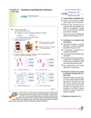 Guía para maestros/as - Matemática 20
Grado 11
	 … viene de la página anterior
8.	 Contar todos los pollitos. [B1]
M:	Vamos a contar cuántos pollitos
hay por todo. ¿Cómo hacemos?
	Que se den cuenta que se
puede contar los pollitos que
están en el gallinero y luego
unir con doscientos pollitos
que habían contado.
*	 Indicar que cuenten los pollitos del
gallinero formando grupos de 10.
9.	 Confirmar la cantidad total
de pollitos.
M:	¿Cuántas centenas, cuántas
decenas y cuántas unidades
de pollitos hay por todo?
RP: 2 centenas, 3 decenas y 6
unidades de pollitos.
M:	¿Cómo podríamos llamar esta
cantidad?
RP: 2 centenas se dice doscientos,
3 decenas y 6 unidades se dice
treinta y seis, entonces en total
son doscientos treinta y seis.
	Que descubran el numeral
aplicando lo aprendido.
10.Practicar la forma de contar
y decir los números de 3 ci-
fras. [B2]
*	 Explicar el juego de quién aga-
rra más habichuelas (puede
ser granos de maíz) con las
dos manos. Indicar que cada
vez que termina de contar,
escriban el resultado en el
cuaderno de forma “tantas
centenas, tantas decenas y
tantas unidades”.
11.	Resolver el ejercicio 2 .
A los niños y a las niñas de segundo grado, todavía les
cuesta escribir las letras y por eso tardan mucho tiem-
po. Por lo tanto para desarrollar suficiente cantidad de
ejercicios en la clase se puede omitir la actividad de escribir
la cantidad con palabras, sólo que ellos digan el número formado
por “tantas centenas, tantas decenas y tantas unidades”.
Leamos y escribamos númerosLección 2:
(1/6~2/6)
[Continuación]
B1 Observe el dibujo de A.
¿Cuántos pollitos hay por todo?
2 Juegue contando las habichuelas.
[¿Quién agarra más?]
2 Cuente los sorbetes y los azulejos. Escriba el número correspondiente en
la casilla y la cantidad en palabra en la línea.
7siete
2 centenas en el patio, 3 decenas y 6 unidades en el gallinero.
doscientos treinta y seis
Hay doscientos treinta y seis pollitos por todo.
1 centena, 6 decenas, 9 unidades
ciento sesenta y nueve
2 centenas, 1 decena, 5 unidades
doscientos quince
(1) (2)
(3) (4)
R.
centenas
decenas
unidades
R.
R.
R.
100
100
10
100
100
10
10
centenas
decena
unidades
Ganador
centenas
decenas
unidades
centenas
decena
unidades
2
2
5
5
3
8
2
1
3
1
9
7
Doscientos veinticinco Doscientos trece
Quinientos treinta y ocho Ciento noventa y siete
[Hasta aquí 1/6]
[Desde aquí 2/6]
 