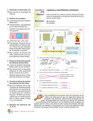 Unidad 1 - Números hasta 99912
1.	 Comentar lo observado. [C]
	Que sientan la necesidad de
ordenar.
2.	 Ordenar los azulejos.
M:	¿Qué hacemos para contarlos
fácilmente?
RP: Ordenándolos.  Agrupándolos
por el mismo tamaño, etc.
*	 Colocar los azulejos de la for-
ma siguiente:
M:	¿Está bien así? ¿Por qué?
RP: No está bien. Porque el valor ya
está decidido en la tabla de valo-
res. Porque hay que colocarlos
desde el pequeño hasta el gran-
de, de derecha a izquierda.
	Que cuenten el principio del
valor posicional con sus pro-
pias palabras (véase Notas).
3.	 Pensar en la forma de escribir
los números de tres cifras.
M:	¿Cómo se escribiría “doscientos
treinta y seis” con los números?
	Que encuentren la respuesta
aplicando el valor posicional
de los números de 2 cifras.
*	 Designar algunos niños y niñas
para que expresen sus ideas.
4.	 Concluir la forma de escribir
los números de tres cifras.
	Que pronostiquen que si hay
10 grupos de centenas tendrán
otra posición a la izquierda de
la centena y que esta situación
se repite para los números
mayores. También que se den
cuenta que se puede escribir
sólo un dígito, desde 0 hasta
9, en una posición.
5.	 Resolver los ejercicios del
3 al 5 .
Leamos y escribamos números
•	Leer y escribir los números de tres cifras (sin 0) apli-
cando lo aprendido en la posición decimal de los nú-
meros de dos cifras.
Lección 2:
(3/6)
Objetivo:
Materiales: 	 (M) azulejos	 	 	 	 	 	
(N) azulejos
Hay posibilidad de encontrar entre las opiniones de los
niños y las niñas que ya hay una regla para colocar las
unidades y las decenas, reflexionando el estudio de 1er
grado. Al preguntarles por qué hay que colocar las centenas
a la izquierda de las decenas y no a la derecha de las unidades, se
espera que los niños y las niñas se den cuenta del principio del valor
posicional, por ejemplo, si hay grupos de 10 hay que pasarse al lado
izquierdo, los grupos más grandes se van al lado izquierdo, etc.
C Piense cómo se escribe con números la cantidad de pollitos
(doscientos treinta y seis).
8 ocho
3
4
5
Tal vez
ordenando
un poco más...
Escriba con números cuántos hay y léalos.
(3) 9 centenas, 6 decenas y 8 unidades
(1) (2)
100 100
100 100 10
10
Una con líneas el número y el nombre que corresponden.
(1) 1 2 1 quinientos sesenta y nueve
(2) 3 4 7 trescientos cuarenta y siete
(3) 5 6 9 ciento veintiuno
Conteste las preguntas.
(3) ¿Cuántas unidades hay en 183?
(2) ¿Cuántas centenas hay en 947?
(1) ¿Cuántas decenas hay en 625?
Doscientos treinta y seis se
escribe 236 con números.
Porque hay 2 centenas,
3 decenas y 6 unidades.
centenas (C) decenas (D) unidades (U)
632
Se omite la lectura
424 581
968
2 decenas
9 centenas
3 unidades
(3/6)
 