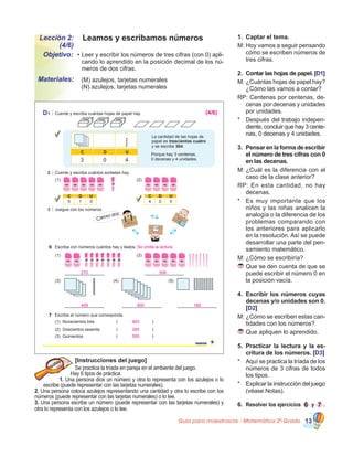 Guía para maestros/as - Matemática 20
Grado 13
Leamos y escribamos números
•	Leer y escribir los números de tres cifras (con 0) apli-
cando lo aprendido en la posición decimal de los nú-
meros de dos cifras.
Lección 2:
(4/6)
Objetivo:
Materiales: 	 (M) azulejos, tarjetas numerales	 	 	 	
(N) azulejos, tarjetas numerales
1.	 Captar el tema.
M:	Hoy vamos a seguir pensando
cómo se escriben números de
tres cifras.
2.	 Contar las hojas de papel. [D1]
M:	¿Cuántas hojas de papel hay?
¿Cómo las vamos a contar?
RP: Centenas por centenas, de-
cenas por decenas y unidades
por unidades.
*	 Después del trabajo indepen-
diente, concluir que hay 3 cente-
nas, 0 decenas y 4 unidades.
3.	 Pensar en la forma de escribir
el número de tres cifras con 0
en las decenas.
M:	¿Cuál es la diferencia con el
caso de la clase anterior?
RP: En esta cantidad, no hay
decenas.
*	 Es muy importante que los
niños y las niñas analicen la
analogía o la diferencia de los
problemas comparando con
los anteriores para aplicarlo
en la resolución. Así se puede
desarrollar una parte del pen-
samiento matemático.
M:	¿Cómo se escribiría?
	Que se den cuenta de que se
puede escribir el número 0 en
la posición vacía.
4.	 Escribir los números cuyas
decenas y/o unidades son 0.
[D2]
M:	¿Cómo se escriben estas can-
tidades con los números?
	Que apliquen lo aprendido.
5.	 Practicar la lectura y la es-
critura de los números. [D3]
*	 Aquí se practica la tríada de los
números de 3 cifras de todos
los tipos.
*	 Explicar la instrucción del juego
(véase Notas).
6.	 Resolver los ejercicios 6 y 7 .
[Instrucciones del juego]
Se practica la tríada en pareja en el ambiente del juego.
Hay 6 tipos de práctica.
1. Una persona dice un número y otra lo representa con los azulejos o lo
escribe (puede representar con las tarjetas numerales).
2. Una persona coloca azulejos representando una cantidad y otra lo escribe con los
números (puede representar con las tarjetas numerales) o lo lee.
3. Una persona escribe un número (puede representar con las tarjetas numerales) y
otra lo representa con los azulejos o lo lee.
102
Ciento dos
9nueve
D1 Cuente y escriba cuántas hojas de papel hay.
La cantidad de las hojas de
papel es
y se escribe .
trescientos cuatro
304
Porque hay 3 centenas,
0 decenas y 4 unidades.
2 Cuente y escriba cuántos sorbetes hay.
6 Escriba con números cuántos hay y léalos.
7 Escriba el número que corresponda.
(1) Novecientos tres ( )
(2) Doscientos sesenta ( )
(3) Quinientos ( )
3 0 4
C D U
5 1 0
C D U
3 Juegue con los números.
100 100 100
C D U
4 0 0
(1)
(3) (4) (5)
(1) (2)
(2)
Se omite la lectura
506270
600 180409
(4/6)
500
260
903
 