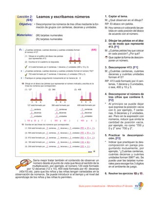 Guía para maestros/as - Matemática 20
Grado 15
Sería mejor tratar también el contenido de observar un
número desde el punto de vista que lleva el sentido de la
multiplicación, por ejemplo, el número 120 está formado
por 12 decenas (12 x 10), 400 está formado por 40  decenas
(40x10) etc. para que los niños y las niñas tengan variedades en la
observación de números. Se puede introducir si el tiempo y el nivel del
aprendizaje de los niños y las niñas lo permiten.
Leamos y escribamos números
•	Descomponer los números de tres cifras mediante la for-
mación de grupos con centenas, decenas y unidades.
Lección 2:
(6/6)
Objetivo:
Materiales:
1.	 Captar el tema.
M:	¿Qué observan en el dibujo?
RP: El ábaco sin pelota.
M:	Hoy vamos a ir colocando las pe-
lotas en cada posición del ábaco
de acuerdo con el número.
2.	 Dibujar las pelotas en el ába-
co de modo que represente
413. [F1]
M:	¿Cuántas pelotas hay que colocar
en cada posición? ¿Por qué?
	Quecaptenlaformadedescom-
poner un número.
3.	 Descomponer 413. [F1]
M:	¿Cuántas centenas, cuántas
decenas y cuántas unidades
forman 413?
RP: 413 está formado por 4 cen-
tenas, 1 decena y 3 unidades,
o sea, 400 y 10 y 3.
4.	 Descomponer el número de
tres cifras que contiene 0.
[F2]
*	 Al principio se puede dejar
que exprese la posición vacía
con 0, por ejemplo, 7 cente-
nas, 0 decenas y 2 unidades,
así. Pero en la expresión con
números, inducir que omita la
cantidad de posición vacía,
por ejemplo, no como “700 y
0 y 2” sino “700 y 2”.
5.	 Practicar la descomposi-
ción. [F3]
*	 Indicar que practiquen la des-
composición en pareja pre-
guntando mutuamente, por
ejemplo, “¿Cuántas centenas,
cuántas decenas y cuántas
unidades forman 598?” etc. Se
puede usar las tarjetas nume-
rales para escoger los 3 dígitos
en el ambiente de juego.
6.	 Resolver los ejercicios 10 y 11.
	 (M) tarjetas numerales
	 (N) tarjetas numerales
____centenas
____decenas
____unidades
____centenas
____decenas
____unidades
____centena
____decenas
____unidades
11once
F1 ¿Cuántas centenas, cuántas decenas y cuántas unidades forman
el número 413?
(1)
(2)
Dibuje en el gráfico del ábaco las pelotas
que representen 413.
Escriba en el cuaderno la respuesta. C D U
413 está formado por 4 centenas, 1 decena y 3 unidades (400 y 10 y 3).
2 ¿Cuántas centenas, cuántas decenas y cuántas unidades forman el número 702?
3 2Practique en pareja preguntando mutuamente en la manera de .
10 Dibuje en el ábaco las pelotas que representan el número indicado y escriba en la
línea los números que corresponden.
C D U
(1) (2)
C D U C D U
(3)127 360 408
127 está formado por
(4)
(5)
(3)
(2)
(1)
180 está formado por ___ centena, ___ decenas y ___ unidades (____ y ___).
209 está formado por ___ centenas, ___ decenas y ___ unidades (____ y ___).
872 está formado por ___ centenas, ___ decenas y ___ unidades (____ y ___ y ___).
565 está formado por ___ centenas, ___ decenas y ___ unidades (____ y ___ y ___).
934 está formado por ___ centenas, ___ decenas y ___ unidades (____ y ___ y ___).
360 está formado por 408 está formado por
( y y )
11 Escriba en las líneas los números que corresponden.
702 está formado por 7 centenas, 0 decenas y 2 unidades (700 y 2).
( y )( y )
(6/6)
1
2
7
3
6
0
4
0
8
400 8300 607100 20
3 49 30 4900
6 55 60 5500
7 28 70 2800
8 01 80100
0 92 9200
 