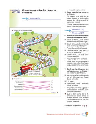 Guía para maestros/as - Matemáticas 2o
grado 27
Lección 1:
(1/2~2/2)
Conozcamos sobre los números
ordinales
	 … viene de la página anterior
5.	 Jugar usando los números
ordinales.
*	 En parejas que realicen al-
gunos juegos o actividades
usando los números ordina-
les (veáse Notas).
*	 Orientar para que inventen otros
juegos y que los practiquen.
6.	 Afianzar el conocimiento de los
números ordinales de 1º a 20º.
M:	Desde el frente, ¿qué animal
está en el décimoprimer lugar?
M:	Desde atrás, ¿qué animal está
en el décimosegundo lugar?
*	 Preguntar por otros lugares.
M:	Desde el frente, ¿en qué po-
sición va el elefante?
M:	Desde atrás, ¿en qué posi-
ción va el sapo?
*	 Preguntar por otros animales.
*	 Indicar que formen equipos o
parejas y que entre ellos hagan
preguntas como las anteriores.
7.	 Confirmar la diferencia en-
tre los números ordinales y
los números cardinales.
M:	Mencionen el animal que está
en el décimoprimer lugar,
desde el frente.
RP: El sapo.
M:	Mencionen once animales
desde el frente.
*	 Preguntar por otros lugares y
cantidades de animales cam-
biando la dirección.
	Que se den cuenta de la di-
ferencia que existe entre un
número ordinal y un número
cardinal explicándolo con sus
propias palabras.
8. Resolver los ejercicios 1 y 2 .
[Continuación]
[Hasta aquí 1/2]
[Desde aquí 2/2]
Escribe con el número
ordinal el orden en que
va cada animal en mi tren.
1 Escriba y lea los números ordinales.
21veintiuno
2 Uno con la línea.
Décimoprimero
Decimoctavo
Vigésimo
Décimosegundo
Decimocuarto
Decimoséptimo
18
O
11
O
14O
17
O
20O
12O
2
O 3
O
4
O 5
O
6O7O8O
9O
11O
12O
13O14O
15O 16O
17
O
18O
19O
 