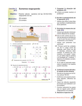 Guía para maestros/as- Matemática 20
Grado 45
Sumemos reagrupandoLección 3:
(6/7)
•	Resolver cálculos   operativos del tipo DU+DU=CDU      
reagrupando una vez.
Objetivo:
Materiales: 	 (M) azulejos                  
	 (N) azulejos
1.	 Comentar la situación del
problema. [E]
M:	¿Cómo se puede resolver el
problema?
2. Escribir el planteamiento de
la operación. [E1]
*	 Indicar a los niños y a las niñas
que escriban el planteamiento
de la operación.
3.	 Encontrar la manera de cal-
cular. [E2]
*	 Indicar que calculen individual�
mente utilizando los azulejos.
Que se den cuenta que al su�
mar las decenas el resultado es
11 por lo que hay que convertir
10 decenas a una centena.
*	 Indicar que presenten sus  
opiniones.
RP: Primero sumé las unidades
me dio 9, Luego sumé las  
decenas, pero como me dió
11 decenas, entonces debo
cambiar 10 decena por una
centena y me queda 1 dece�
na, por último bajé la centena
y el resultado es 1 centena, 1
decena y 9 unidades; es decir,
119 unidades.
*	 Si no sale la respuesta espe�
rada el maestro o la maestra
puede inducirlas.
4.	 Confirmar la manera del cálcu-
lo vertical con los números.
*	 Escribir en la pizarra en la for�
ma vertical “65+54”.
*   Confirmar en la pizarra el pro�
ceso seguido, utilizando los
azulejos.
*	 Hacer los cálculos siguiendo
el proceso que realizaron con
los azulejos.
*	 Concluir aclarando los pasos
que se siguen para calcular
reagrupando a la centena.
5.	 Resolver el ejercicio 10 .
E Tenía 65 huevos y compró 54 huevos. ¿Cuántos huevos tiene Pedro ahora?
Tenía 65 huevos Compró 54 huevos más
HuevosHuevos
Dominicanos
10 Resuelva los siguientes ejercicios.
treinta y cinco 35
1
1 Escriba el planteamiento de la operación.
2 Encuentre la respuesta.
65 + 54
Planteamiento de la operación: 65 + 54 =
huevosRespuesta:
DC U
5
11 9
5
6
4
Cálculo
65
54+
65
54
9
+
65
54
119
+
1
(1) 84 + 63 = ___ (2) 71 + 46 = ___ (3) 93 + 52 = ___ (4) 95 + 81 = ___
84
63+
71
46+
93
52+
95
81+
(5) 40 + 63 = ___ (6) 59 + 60 = ___ (7) 42 + 91 = ___ (8) 55 + 53 = ___
40
63+
59
60+
42
91+
55
53+
119
(6/7)
119
147 117 145 176
147
1
117
1
145
1
176
1
103 119 133 108
103
1
119
1
133
1
108
1
 