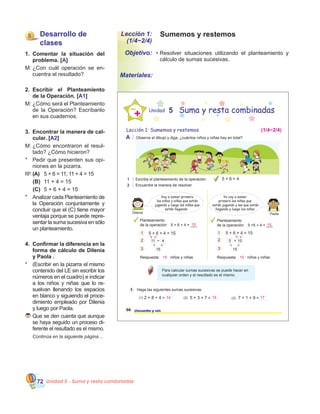 Unidad 5 - Suma y resta combinadas72
Sumemos y restemosLección 1:
(1/4~2/4)
•	Resolver situaciones utilizando el planteamiento y
cálculo de sumas sucesivas.
Objetivo:
Materiales:
5 Desarrollo de
clases
1.	 Comentar la situación del
problema. [A]
M:	¿Con cuál operación se en-
cuentra el resultado?
2.	 Escribir el Planteamiento
de la Operación. [A1]
M:	¿Cómo será el Planteamiento
de la Operación? Escríbanlo
en sus cuadernos.
3.	 Encontrar la manera de cal�
cular. [A2]
M:	¿Cómo encontraron el resul-
tado? ¿Cómo hicieron?
*	 Pedir que presenten sus opi-
niones en la pizarra.
RP:	(A)	 5 + 6 = 11, 11 + 4 = 15
     (B)	 11 + 4 = 15
     (C)	 5 + 6 + 4 = 15
*	 Analizar cada Planteamiento de
la Operación conjuntamente y
concluir que el (C) tiene mayor
ventaja porque se puede repre-
sentar la suma sucesiva en sólo
un planteamiento.  
4.	 Confirmar la diferencia en la
forma de cálculo de Dilenia
y Paola .
*	 (Escribir en la pizarra el mismo
contenido del LE sin escribir los
números en el cuadro) e indicar
a los niños y niñas que lo re-
suelvan llenando los espacios
en blanco y siguiendo el proce-
dimiento empleado por Dilenia
y luego por Paola.
	Que se den cuenta que aunque
se haya seguido un proceso di-
ferente el resultado es el mismo.
	 Continúa en la siguiente página…
Lección 1: Sumemos y restemos
Unidad 5
A Observe el dibujo y diga, ¿cuántos niños y niñas hay en total?
56 cincuenta y seis
Suma y resta combinadas
1 Escriba el planteamiento de la operación:
2 Encuentre la manera de resolver.
5 + 6 + 4
3
5 + 6 + 4 = 15
11 + 4
15
1
2
3
+
Voy a sumar primero
los niños y niñas que están
jugando y luego las niñas que
están llegando
Yo voy a sumar
primero las niñas que
están jugando y las que están
llegando y luego los niños
5 + 6 + 4 = 15
5 + 10
15
1
2
3
Dilenia Paola
Planteamiento
de la operación: 5 + 6 + 4 = ___
Respuesta: niños y niñas
Planteamiento
de la operación: 5 +6 + 4 = ___
1 Haga las siguientes sumas sucesivas.
2 + 8 + 4 = 5 + 3 + 7 =(1) (2) 7 + 1 + 9 =(3)
Respuesta: niños y niñas
Para calcular sumas sucesivas se puede hacer en
cualquier orden y el resultado es el mismo.
15
(1/4~2/4)
15
14 15 17
1515
 