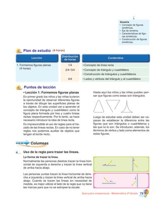 Guía para maestros/as - Matemática 20
Grado 79
Simetría
•	 Concepto de figuras
simétricas.
•	 Eje de simetría.
•	 Características de figu-
ras simétricas.
•	 Construcción de figuras
simétricas.
Puntos de lección
• Lección 1: Formemos figuras planas
En primer grado los niños y las niñas tuvieron
la oportunidad de observar diferentes figuras
a través de dibujar las superficies planas de
los objetos. En esta unidad van a aprender el
concepto de triángulo y cuadrilátero como la
figura plana formada por tres y cuatro líneas
rectas respectivamente. Por lo tanto, se hace
necesario introducir la idea de línea recta.
Es imprescindible el uso de reglas para el tra-
zado de las líneas rectas. En caso de no tener
reglas nos podemos auxiliar de objetos que
tengan el borde recto.
Hasta aquí los niños y las niñas pueden pen-
sar que figuras como estas son triángulos.
4
1/4 •	Concepto de línea recta
3 Plan de estudio (4 horas)
1.	Formemos figuras planas
	 (4 horas)
2/4~3/4 •	Concepto de triángulo y cuadrilátero
•	Construcción de triángulos y cuadriláteros
Luego de estudiar esta unidad deben ser ca-
paces de establecer la diferencia entre las
figuras que son triángulos o cuadriláteros y
las que no lo son. Se introducen, además, los
términos de vértice y lado como elementos de
estas figuras.
Uso de la regla para trazar las líneas.
La forma de trazar la línea.
Normalmente las personas diestras trazan la línea hori-
zontal de izquierda a derecha y trazan la línea vertical
de arriba hacia abajo.
Las personas zurdas trazan la línea horizontal de dere-
cha a izquierda y trazan la línea vertical de arriba hacia
abajo. Cuando se tracen las líneas sin necesidad de
medida, es mejor utilizar el lado de la regla que no tiene
las marcas para que no se estropee la escala.
Columnas
4/4 •	Lados y vértices del triángulo y el cuadrilátero
 