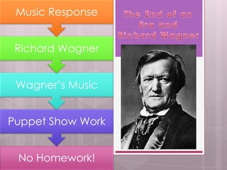 Music Response


 Richard Wagner


 Wagner’s Music


Puppet Show Work


 No Homework!
 