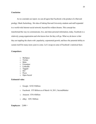 10


Conclusion


       As we conclude our report, we can all agree that Facebook is the product of a Harvard

prodigy: Mark Zuckerberg. His idea of linking Harvard University students and staff expanded

to a world wide Internet social network, beyond his wildest dreams. This concept has

transformed the way we communicate, live, and share personal information, today. Facebook is a

relatively young organization and who knows how far they will go. What we do know is that

they are toppling the charts with popularity, exponential growth, and have the potential ability to

sustain itself for many more years to come. Let’s recap on some of Facebook’s statistical facts:


Competitors:


           o   MySpace
           o   Twitter
           o   Bebo
           o   Friendster
           o   LinkedIn
           o   Tagged
           o   Hi5
           o   Piczo
           o   Open Social

Estimated value:


           o Google: $192.9 Billion

           o Facebook: $75 Billion as of March 14, 2011, SecondMarket

           o Amazon: $74.4 Billion

           o eBay: $39.3 Billion


Employees: 2,000 +
 