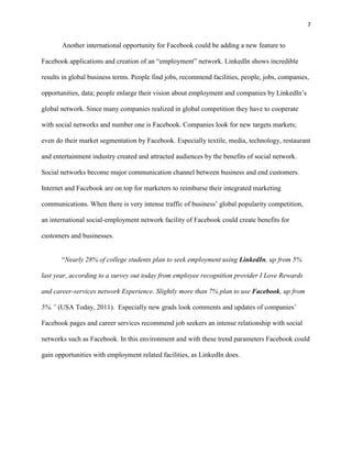 7


       Another international opportunity for Facebook could be adding a new feature to

Facebook applications and creation of an “employment” network. LinkedIn shows incredible

results in global business terms. People find jobs, recommend facilities, people, jobs, companies,

opportunities, data; people enlarge their vision about employment and companies by LinkedIn’s

global network. Since many companies realized in global competition they have to cooperate

with social networks and number one is Facebook. Companies look for new targets markets;

even do their market segmentation by Facebook. Especially textile, media, technology, restaurant

and entertainment industry created and attracted audiences by the benefits of social network.

Social networks become major communication channel between business and end customers.

Internet and Facebook are on top for marketers to reimburse their integrated marketing

communications. When there is very intense traffic of business’ global popularity competition,

an international social-employment network facility of Facebook could create benefits for

customers and businesses.


       “Nearly 28% of college students plan to seek employment using LinkedIn, up from 5%

last year, according to a survey out today from employee recognition provider I Love Rewards

and career-services network Experience. Slightly more than 7% plan to use Facebook, up from

5%.” (USA Today, 2011). Especially new grads look comments and updates of companies’

Facebook pages and career services recommend job seekers an intense relationship with social

networks such as Facebook. In this environment and with these trend parameters Facebook could

gain opportunities with employment related facilities, as LinkedIn does.
 