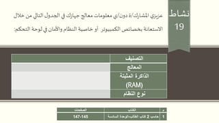 ‫نشاط‬
19
‫ك‬‫ر‬‫املشا‬ ‫ي‬‫عزيز‬/‫ن‬‫دو‬‫ة‬/‫خال‬ ‫من‬ ‫التالي‬ ‫ل‬‫الجدو‬ ‫في‬ ‫ك‬‫ز‬‫جها‬ ‫معالج‬‫معلومات‬ ‫ي‬‫ل‬
‫االستعانة‬‫ال‬ ‫لوحة‬ ‫في‬ ‫واألمان‬ ‫النظام‬ ‫خاصية‬ ‫أو‬ ‫الكمبيوتر‬ ‫بخصائص‬‫تحكم‬:
‫م‬‫الكتاب‬‫الصفحات‬
1‫حاسب‬2‫الطالب‬ ‫كتاب‬-‫السادسة‬ ‫الوحدة‬145-147
‫التصنيف‬
‫المعالج‬
‫المثبتة‬ ‫الذاكرة‬
(RAM)
‫النظام‬ ‫نوع‬
 