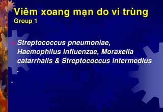 Vieâm xoang maïn do vi truøng
Group 1
 Streptococcus pneumoniae,
Haemophilus Influenzae, Moraxella
catarrhalis & Streptococcus intermedius
.
.
 