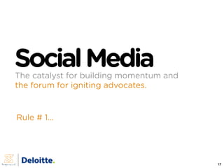 Social Media
The catalyst for building momentum and
the forum for igniting advocates.


Rule # 1...




                  ...
