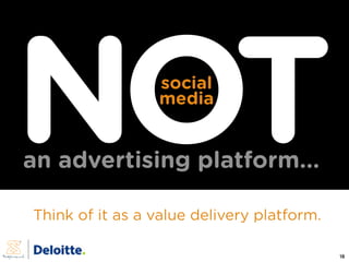 NOT              social
                 media


an advertising platform...

Think of it as a value delivery platform.

  ...
