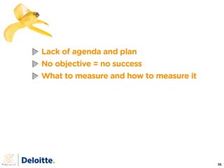 Lack of agenda and plan
No objective = no success
What to measure and how to measure it




                              ...