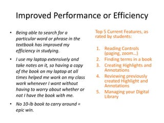 Improved Performance or EfficiencyBeing able to search for a particular word or phrase in the textbook has improved my efficiency in studying.I use my laptop extensively and take notes on it, so having a copy of the book on my laptop at all times helped me work on my class work whenever I want without having to worry about whether or not I have the book with me.No 10-lb book to carry around = epic win.Top 5 Current Features, as rated by students:Reading Controls (paging, zoom…) Finding terms in a bookCreating Highlights and AnnotationsReviewing previously created Highlight and Annotations Managing your Digital Library