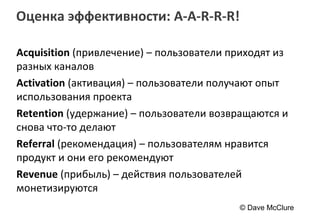 Оценка эффективности: A-A-R-R-R!

Acquisition (привлечение) – пользователи приходят из
разных каналов
Activation (активация) – пользователи получают опыт
использования проекта
Retention (удержание) – пользователи возвращаются и
снова что-то делают
Referral (рекомендация) – пользователям нравится
продукт и они его рекомендуют
Revenue (прибыль) – действия пользователей
монетизируются
                                          © Dave McClure
 