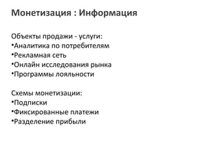 Монетизация : Информация

Объекты продажи - услуги:
•Аналитика по потребителям
•Рекламная сеть
•Онлайн исследования рынка
•Программы лояльности

Схемы монетизации:
•Подписки
•Фиксированные платежи
•Разделение прибыли
 
