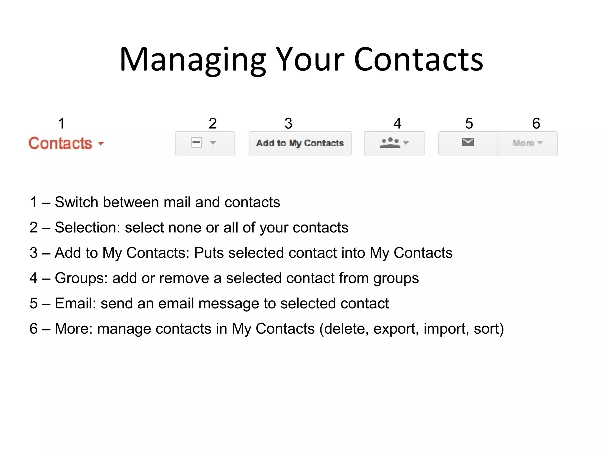 Managing Your Contacts
    1                       2          3               4         5        6




1 – Switch between mail and contacts
2 – Selection: select none or all of your contacts
3 – Add to My Contacts: Puts selected contact into My Contacts
4 – Groups: add or remove a selected contact from groups
5 – Email: send an email message to selected contact
6 – More: manage contacts in My Contacts (delete, export, import, sort)
 