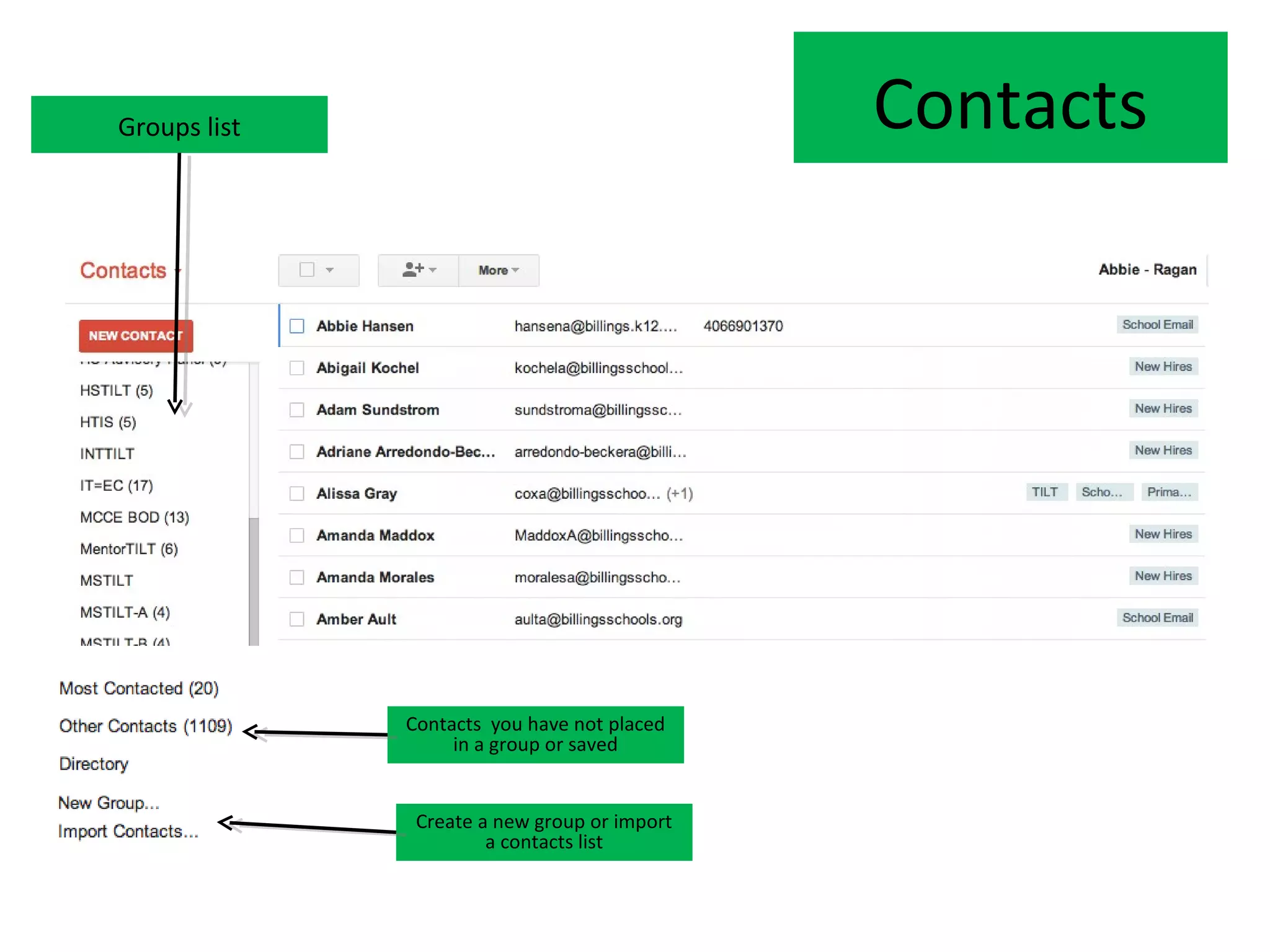 Groups list                                   Contacts




              Contacts you have not placed
                   in a group or saved


               Create a new group or import
                       a contacts list
 
