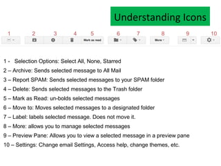 Understanding Icons
 1         2        3       4      5          6         7     8          9   10



1 - Selection Options: Select All, None, Starred
2 – Archive: Sends selected message to All Mail
3 – Report SPAM: Sends selected messages to your SPAM folder
4 – Delete: Sends selected messages to the Trash folder
5 – Mark as Read: un-bolds selected messages
6 – Move to: Moves selected messages to a designated folder
7 – Label: labels selected message. Does not move it.
8 – More: allows you to manage selected messages
9 – Preview Pane: Allows you to view a selected message in a preview pane
10 – Settings: Change email Settings, Access help, change themes, etc.
 