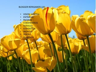 BLOGGER REPASAMOS LAS:
• VISION GENERAL
• ENTRADAS
• PAGINAS
• COMENTARIOS
• GOOGLE+
• ESTADISTICA
• INGRESO
• DISEÑO
• PLANTILLA