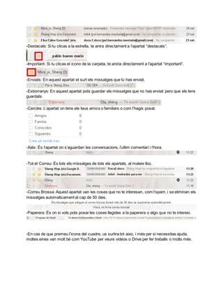 -Destacats: Si tu clicas a la estrella, te anira directament a l’apartat “destacats”. 
-Important: Si tu clicas el icono de la carpeta, te aniria directament a l’apartat “important”. 
-Enviats: En aquest apartat et surt els missatges que tú has enviat. 
-Esborranys: En aquest apartat pots guardar els missatges que no has enviat pero que els tens 
guardats. 
-Cercles: L’apartat on tens els teus amics o familiars o com l’hagis posat. 
-Xats: És l’apartat on s’aguardan les conversacions, l’ultim comentari i l’hora. 
-Tot el Correu: És tots els missatges de tots els apartats, al mateix lloc. 
-Correu Brossa: Aquest apartat van les coses que no te interesan, com l’spam, i se eliminan els 
missatges automaticament al cap de 30 dies. 
-Paperera: És on si vols pots posar les coses llegides a la paperera o algo que no te interesi. 
-En cas de que premeu l’icona del cuadre, us surtira tot aixo, i més per si necessitas ajuda, 
moltes eines van molt bé com YouTube per veure videos o Drive per fer treballs o molts més. 
 