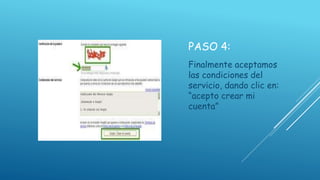 PASO 4:
Finalmente aceptamos
las condiciones del
servicio, dando clic en:
“acepto crear mi
cuenta”