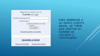 PARA INGRESAR A
SU NUEVA CUENTA
GMAIL, SE TIENE
QUE ANOTAR SU
NOMBRE DE
USUARIO Y
CONTRASEÑA