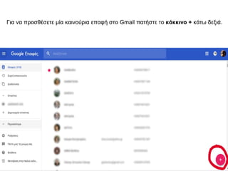 Για να προσθέσετε μία καινούρια επαφή στο Gmail πατήστε το κόκκινο + κάτω δεξιά.
 