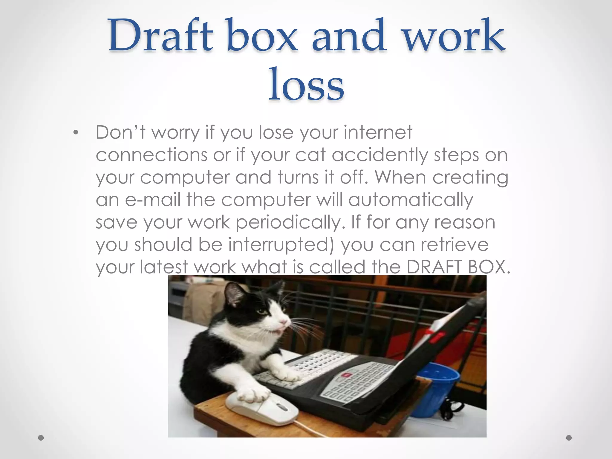 Draft box and work 
loss 
• Don’t worry if you lose your internet 
connections or if your cat accidently steps on 
your computer and turns it off. When creating 
an e-mail the computer will automatically 
save your work periodically. If for any reason 
you should be interrupted) you can retrieve 
your latest work what is called the DRAFT BOX. 
 