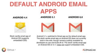 litmus ®
#LitmusLive
Desktop webmail ✅
Mobile webmail ❌
Gmail Android App (Gmail Account) ✅
Gmail Android App (Gmailiﬁed Account) ✅
Gmail Android App (POP/IMAP Account) ❌
Gmail iOS App ✅
Inbox by Gmail webmail ✅
Inbox by Gmail iOS App ✅
Inbox by Gmail Android App ✅
G Suite (formerly Google Apps) ✅
Google Apps Free Edition (legacy) ❌
EMBEDDEDCSS+MEDIAQUERYSUPPORTINGMAIL
(*EXTERNALCSSSTILLNOTSUPPORTED)
 