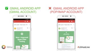 litmus ®
#LitmusLive
Desktop webmail ✅
Mobile webmail ❌
Gmail Android App (Gmail Account) ✅
Gmail Android App (Gmailiﬁed Account) ✅
Gmail Android App (POP/IMAP Account) ❌
Gmail iOS App ✅
Inbox by Gmail webmail ✅
Inbox by Gmail iOS App ✅
Inbox by Gmail Android App ✅
G Suite (formerly Google Apps) ✅
Google Apps Free Edition (legacy) ❌
EMBEDDEDCSS+MEDIAQUERYSUPPORTINGMAIL
(*EXTERNALCSSSTILLNOTSUPPORTED)
 