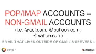 litmus ®
#LitmusLive
Android 4.4 (Vanilla Stock Email App) ✅
Android 5.1 (Vanilla Stock Email App) ❌
Android 6.0 (Vanilla Stock Email App) ❌
Gmail Android App (Gmail Account) ✅
Gmail Android App (Gmailiﬁed Account) ✅
Gmail Android App (POP/IMAP Account) ❌
EMBEDDEDCSS+MEDIAQUERYSUPPORTONANDROID
 