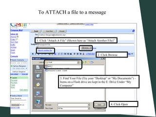1. Click “Attach A File” (Shown here as “Attach Another File)”
To ATTACH a file to a message
2. Click Browse
3. Find Your File (Try your “Desktop” or “My Documents”) –
Items on a Flash drive are kept in the E: Drive Under “My
Computer”
4. Click Open
 