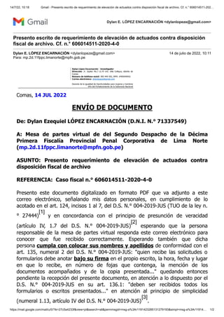 14/7/22, 10:18 Gmail - Presento escrito de requerimiento de elevación de actuados contra disposición fiscal de archivo. Cf...