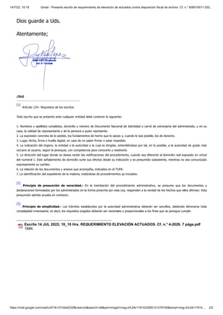 14/7/22, 10:18 Gmail - Presento escrito de requerimiento de elevación de actuados contra disposición fiscal de archivo. Cf...