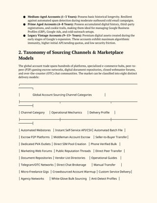 ● Medium-Aged Accounts (1–3 Years): Possess basic historical longevity. Resilient
against automated spam detection during moderate outbound cold email campaigns.
● Prime Aged Accounts (4–8 Years): Possess accumulated digital history, third-party
registrations, and cookie trails, making them ideal for managing Google Business
Profiles (GBP), Google Ads, and cold outreach setups.
● Legacy Vintage Accounts (9–15+ Years): Premium digital assets created during the
early stages of Google's expansion. These accounts exhibit maximum algorithmic
immunity, higher initial API/sending quotas, and low security friction.
2. Taxonomy of Sourcing Channels & Marketplace
Models
The global account trade spans hundreds of platforms, specialized e-commerce hubs, peer-to-
peer (P2P) gaming escrow networks, digital document repositories, closed webmaster forums,
and over-the-counter (OTC) chat communities. The market can be classified into eight distinct
delivery models:
┌─────────────────────────────────────────────────────────────────────
────────┐
Global Account Sourcing Channel Categories
│ │
├───────────────────────┬─────────────────────────────┬───────────────
────────┤
Channel Category Operational Mechanics Delivery Profile
│ │ │ │
├───────────────────────┼─────────────────────────────┼───────────────
────────┤
Automated Webstores Instant Self-Service API/CSV Automated Batch File
│ │ │ │
Escrow P2P Platforms Middleman Account Escrow Seller-to-Buyer Transfer
│ │ │ │
Dedicated PVA Outlets Direct SIM Pool Creation Phone Verified Bulk
│ │ │ │
Marketing Web Forums Public Reputation Threads Direct Peer Transfer
│ │ │ │
Document Repositories Vendor List Directories Operational Guides
│ │ │ │
Telegram/OTC Networks Direct Chat Brokerage Manual Transfer
│ │ │ │
Micro-Freelance Gigs Crowdsourced Account Warmup Custom Service Delivery
│ │ │ │
Agency Networks White-Glove Bulk Sourcing Anti-Detect Profiles
│ │ │ │
 