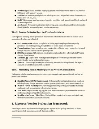 ● PVAPro: Specialized provider supplying phone-verified accounts created via physical
SIM cards with recovery access.
● PVAMarket: Geo-targeted platform offering accounts aligned with specific country IP
blocks (US, UK, EU, CA).
● BulkPVA: Agency-level automated supplier providing bulk quantities of fresh and aged
PVA email profiles.
● AccsServer: Technical marketplace delivering aged accounts alongside session cookie
files (JSON) for seamless browser profile restoration.
Tier 2: Escrow-Protected Peer-to-Peer Marketplaces
Marketplaces utilizing buyer-protection mechanisms where funds are held in escrow until
account credentials are validated:
● G2G Marketplace: Global P2P platform listing aged Google profiles originally
generated for mobile gaming, Google Play, or social media ecosystems.
● PlayerAuctions: Long-standing asset marketplace offering buyer protection for aged
Google accounts tied to historic gaming data.
● Z2U Marketplace: P2P platform hosting international sellers offering bulk PVA and
vintage Gmail assets.
● Eldorado.gg: Digital item exchange featuring seller feedback systems and escrow
protection for social and email accounts.
● EpicNPC: Forum-style marketplace featuring individual trading threads for legacy
accounts created between 2005 and 2018.
Tier 3: Marketing Forum Marketplaces & Private Communities
Webmaster platforms where account creators operate dedicated service threads backed by
public user reviews:
● BlackHatWorld (BHW Marketplace): Webmaster forum featuring vetted suppliers
offering legacy Google accounts, custom geo-targeted assets, and warm-up services.
● Warrior Forum Marketplace: Marketing community hosting threads for business-
grade outreach accounts and infrastructure setup.
● SEOClerks: Digital marketing gig platform where individual providers offer small-to-
medium packages of aged Gmail accounts.
● BestBlackHatForum / CPAElites: Niche affiliate marketing forums with dedicated
trade threads for bulk outreach accounts.
4. Rigorous Vendor Evaluation Framework
Sourcing accounts requires evaluating suppliers against strict quality standards to avoid
receiving recycled, automated, or soft-banned profiles.
┌─────────────────────────────────────────────────────────────────────
────────┐
 