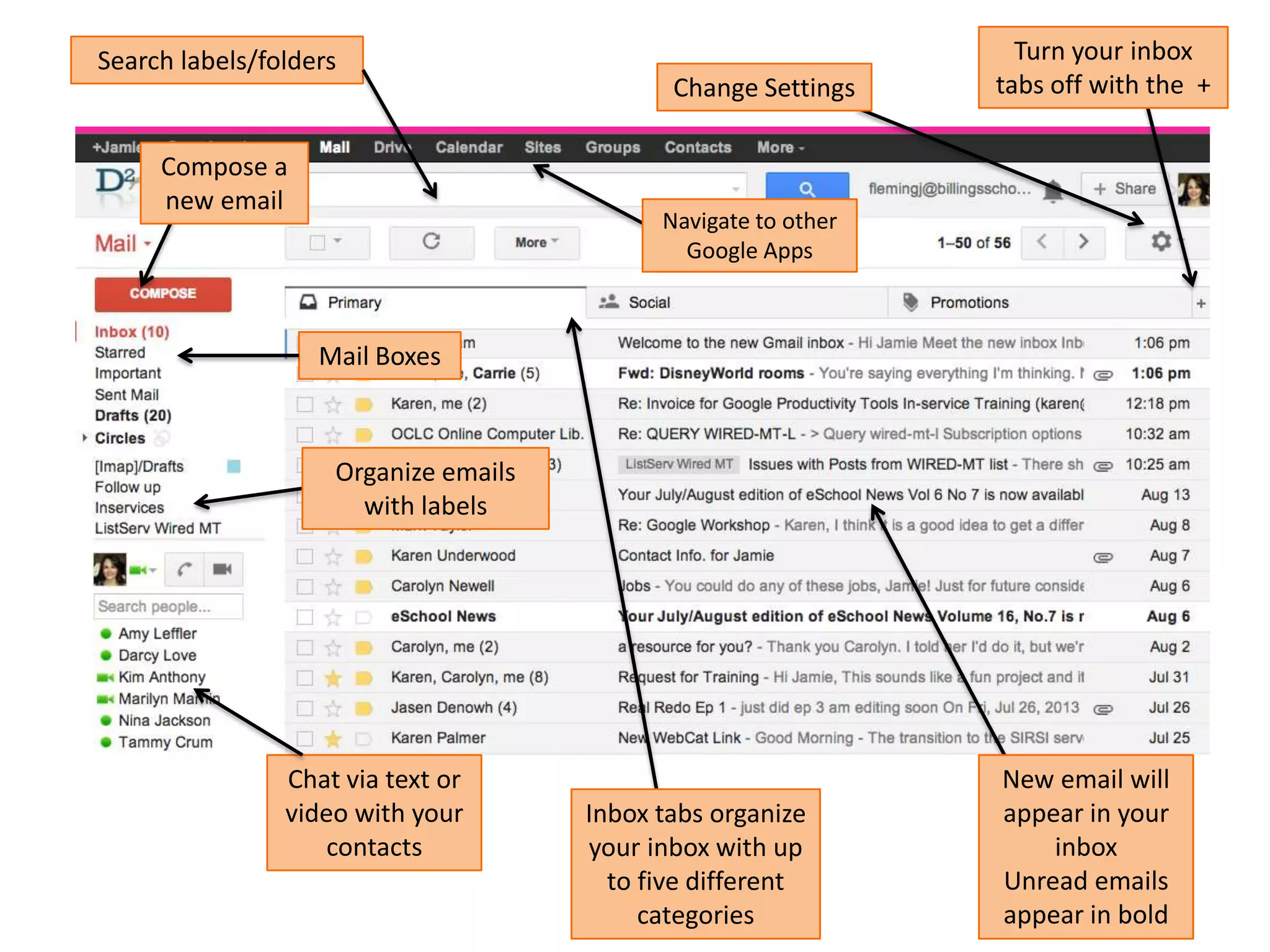 Search labels/folders
Chat via text or
video with your
contacts
Organize emails
with labels
Compose a
new email
Navigate to other
Google Apps
New email will
appear in your
inbox
Unread emails
appear in bold
Change Settings
Inbox tabs organize
your inbox with up
to five different
categories
Turn your inbox
tabs off with the +
Mail Boxes
 