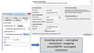 Incoming server-----encrypted
connection—outgoing
server(SMTP)—encrypted
connection
 