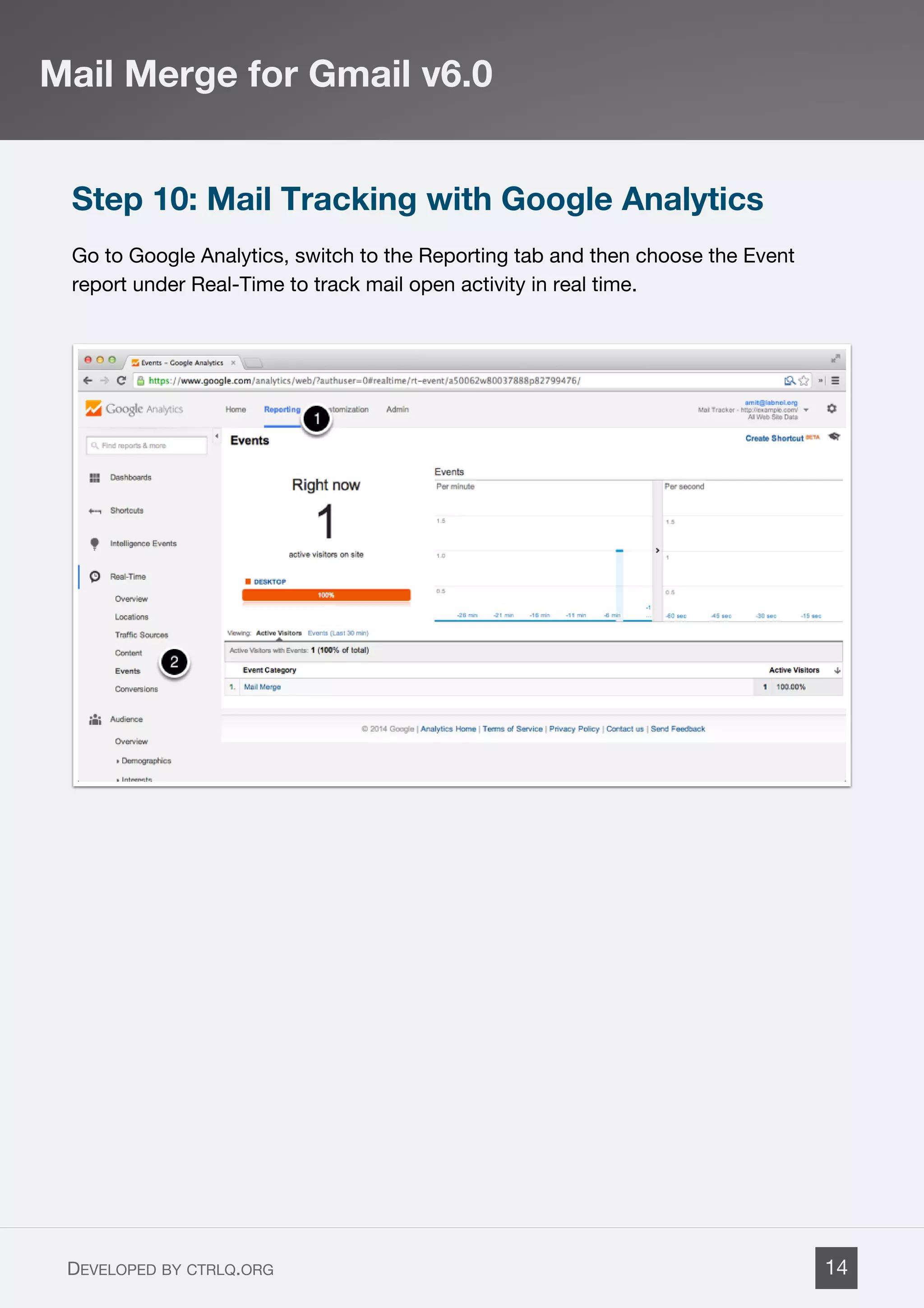 Step 10: Mail Tracking with Google Analytics
Go to Google Analytics, switch to the Reporting tab and then choose the Event
report under Real-Time to track mail open activity in real time.
Mail Merge for Gmail v6.0
DEVELOPED BY CTRLQ.ORG 14
 