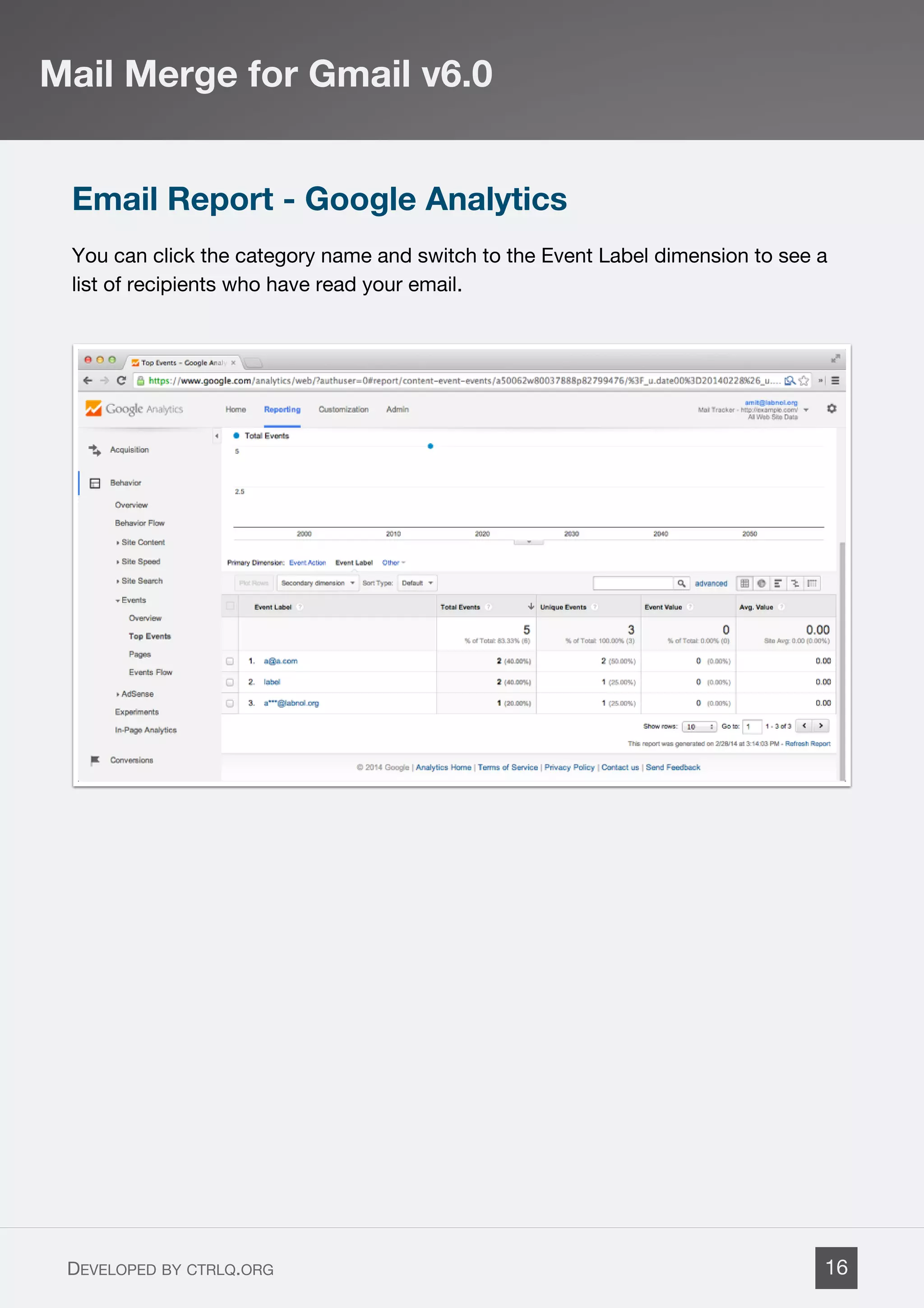 Email Report - Google Analytics
You can click the category name and switch to the Event Label dimension to see a
list of recipients who have read your email.
Mail Merge for Gmail v6.0
DEVELOPED BY CTRLQ.ORG 16
 