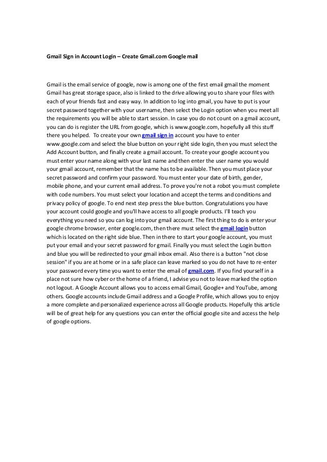 Create Gmail Com Account To Login And Sign In Gmail
