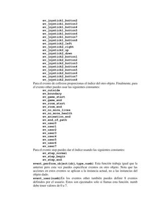 ev_joystick1_button2 
ev_joystick1_button3 
ev_joystick1_button4 
ev_joystick1_button5 
ev_joystick1_button6 
ev_joystick1_button7 
ev_joystick1_button8 
ev_joystick2_left 
ev_joystick2_right 
ev_joystick2_up 
ev_joystick2_down 
ev_joystick2_button1 
ev_joystick2_button2 
ev_joystick2_button3 
ev_joystick2_button4 
ev_joystick2_button5 
ev_joystick2_button6 
ev_joystick2_button7 
ev_joystick2_button8 
Para el evento de collision proporcionas el índice del otro objeto. Finalmente, para 
el evento other puedes usar las siguientes constantes: 
ev_outside 
ev_boundary 
ev_game_start 
ev_game_end 
ev_room_start 
ev_room_end 
ev_no_more_lives 
ev_no_more_health 
ev_animation_end 
ev_end_of_path 
ev_user0 
ev_user1 
ev_user2 
ev_user3 
ev_user4 
ev_user5 
ev_user6 
ev_user7 
Para el evento step puedes dar el índice usando las siguientes constantes: 
ev_step_normal 
ev_step_begin 
ev_step_end 
event_perform_object(obj,type,numb) Esta función trabaja igual que la 
anterior pero esta vez puedes especificar eventos en otro objeto. Nota que las 
acciones en estos eventos se aplican a la instancia actual, no a las instancias del 
objeto dado. 
event_user(numb)En los eventos other también puedes definir 8 eventos 
definidos por el usuario. Estos son ejecutados solo si llamas esta función. numb 
debe tener valores de 0 a 7. 
 