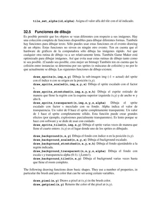 tile_set_alpha(id,alpha) Asigna el valor alfa del tile con el id indicado. 
32.5 Funciones de dibujo 
Es posible permitir que los objetos se vean diferentes con respecto a sus imágenes. Hay 
una colección completa de funciones disponibles para dibujar diferentes formas. También 
hay funciones para dibujar texto. Sólo puedes usar estas funciones en el evento drawing 
de un objeto. Estas funciones no sirven en ningún otro evento. Ten en cuenta que el 
hardware de gráficos de la computadora sólo dibuja las imágenes rápido. Así que 
cualquier otra rutina de dibujo va a ser relativamente lenta. También Game Maker está 
optimizado para dibujar imágenes. Así que evita usar estas rutinas de dibujo tanto como 
te sea posible. (Cuando sea posible, crea mejor un bitmap) También ten en cuenta que la 
colisión entre instancias se determina por sus sprites (o máscaras de colisión) y no por lo 
que actualmente se dibuja. Las siguientes funciones de dibujo existen: 
draw_sprite(n,img,x,y) Dibuja la sub-imagen img (-1 = actual) del sprite 
con el índice n con su origen en la posición (x,y). 
draw_sprite_scaled(n,img,x,y,s) Dibuja el sprite escalado con el factor 
s. 
draw_sprite_stretched(n,img,x,y,w,h) Dibuja el esprite estirado de 
manera que llene la región con la esquina superior izquierda (x,y) y de ancho w y 
alto h. 
draw_sprite_transparent(n,img,x,y,s,alpha) Dibuja el sprite 
escalado con factor s mezclado con su fondo. Alpha indica el valor de 
transparencia. Un valor de 0 hace el sprite completamente transparente. Un valor 
de 1 hace el sprite completamente sólido. Esta función puede crear grandes 
efectos (por ejemplo, explosiones parcialmente transparentes). Es lento porque se 
hace con software y se dede de usar con cuidado. 
draw_sprite_tiled(n,img,x,y) Dibuja el sprite varias veces de manera que 
llene el cuarto entero. (x,y) es el lugar donde uno de los sprites es dibujado. 
draw_background(n,x,y) Dibuja el fondo con índice n en la posición (x,y). 
draw_background_scaled(n,x,y,s) Dibuja el background escalado. 
draw_background_stretched(n,x,y,w,h) Dibuja el fondo ajustándolo a la 
región indicada. 
draw_background_transparent(n,x,y,s,alpha) Dibuja el fondo con 
escala s y transparencia alpha (0-1). (¡Lento!). 
draw_background_tiled(n,x,y) Dibuja el background varias veces hasta 
que llene el room completo. 
The following drawing functions draw basic shapes. They use a number of properties, in 
particular the brush and pen color that can be set using certain variables. 
draw_pixel(x,y) Draws a pixel at (x,y) in the brush color. 
draw_getpixel(x,y) Returns the color of the pixel at (x,y). 
 